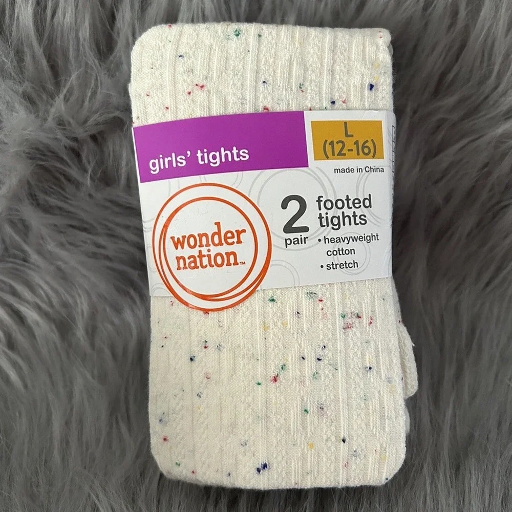 Wonder Nation Footed Tights Girls Size Large 2 Pack White Blue Dress Bottoms NEW